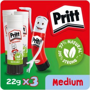 Pritt Original Glue Stick Sustainable Long Lasting Strong Adhesive Solvent Free 22g Medium (Pack 3) - 2760891